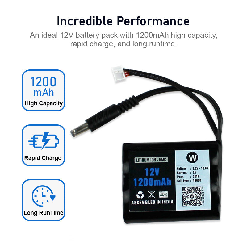 WATTNINE® 12V 1200mAh Rechargeable Lithium Battery with Warranty (includes BMS & balance pin) for GPS, CCTV, Industrial and Commercial Application