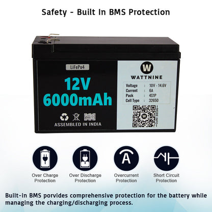WATTNINE® 12.8V 6Ah Lithium(LiFePo4) Battery Pack with 3 Year Warranty