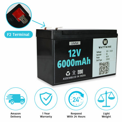 WATTNINE® 12.8V 6Ah Lithium(LiFePo4) Battery Pack with 3 Year Warranty