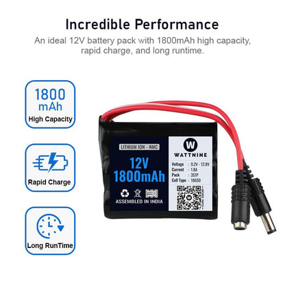 WATTNINE® 12V 1800mAh Rechargeable Lithium Battery Pack with Warranty for GPS, CCTV, Industrial and Commercial Application