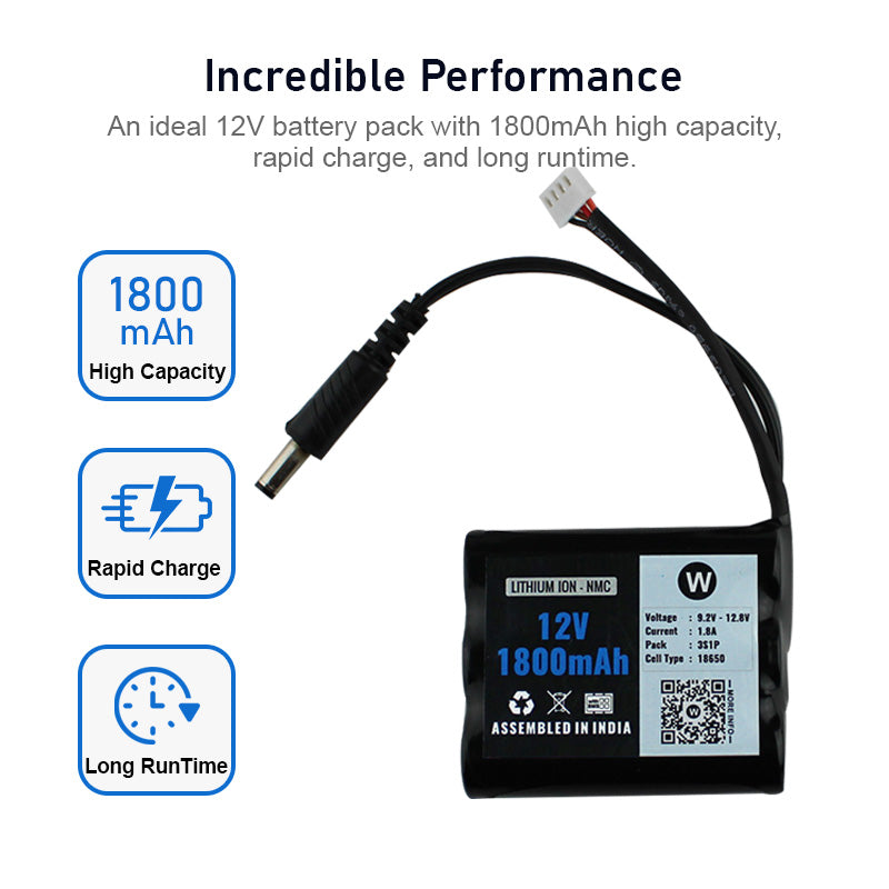 WATTNINE® 12V 1800mAh Rechargeable Lithium Battery Pack with Warranty (includes BMS & balance pin) for GPS, CCTV, Industrial and Commercial Application
