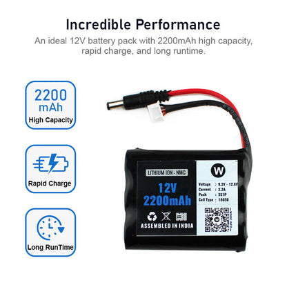 WATTNINE 12V 2200mAh Rechargeable Lithium Battery Pack with Warranty (includes BMS & balance pin) for GPS, CCTV, Industrial and Commercial Application