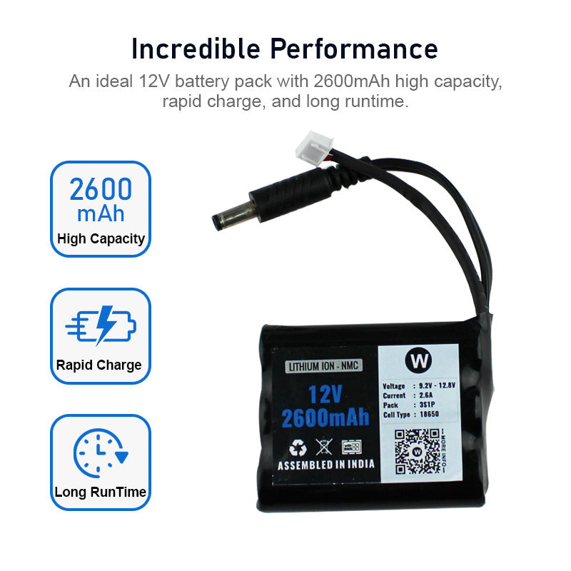 WATTNINE 12V 2600mAh Rechargeable Lithium Battery Pack with Warranty (includes BMS & balance pin) for GPS, CCTV, Industrial and Commercial Application