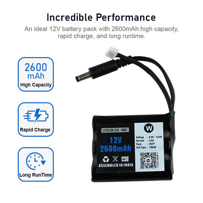 WATTNINE 12V 2600mAh Rechargeable Lithium Battery Pack with Warranty (includes BMS & balance pin) for GPS, CCTV, Industrial and Commercial Application
