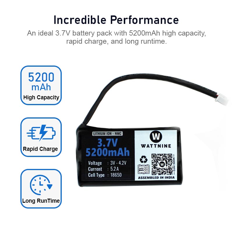 WATTNINE® 3.7V 5200mAh Lithium Battery Pack with 3 Year Warranty