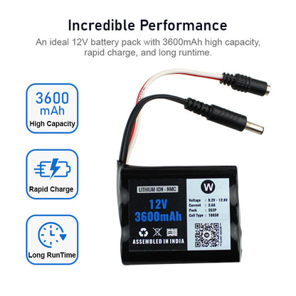 WATTNINE® 12V 3600mAh Lithium Ion Battery Pack with 3 year warranty