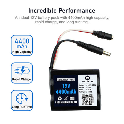 WATTNINE® 12V 4400mAh Lithium ion Battery Pack with 3 year Warranty
