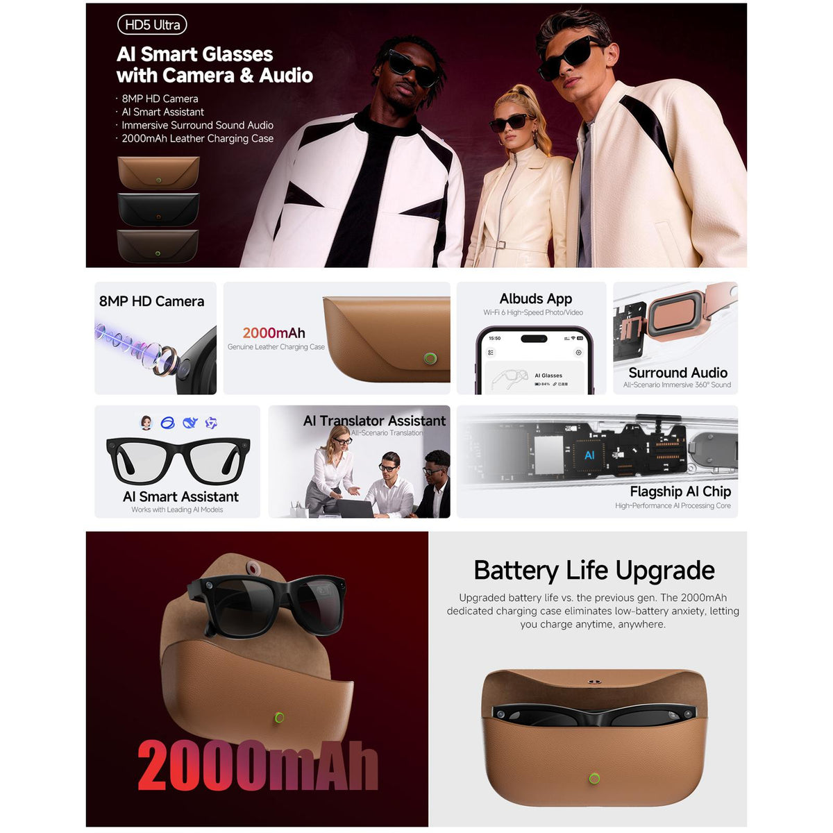 HD5 Ultra 8MP AI Camera & Translation Glasses with Charging Case — 8MP camera and hands-free capture