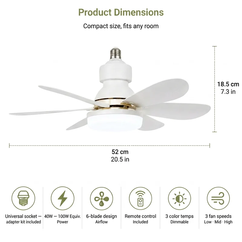 Foldable E27 Socket Ceiling Fan with Light and Remote – 3 Speeds, 3-Color Dimmable LED