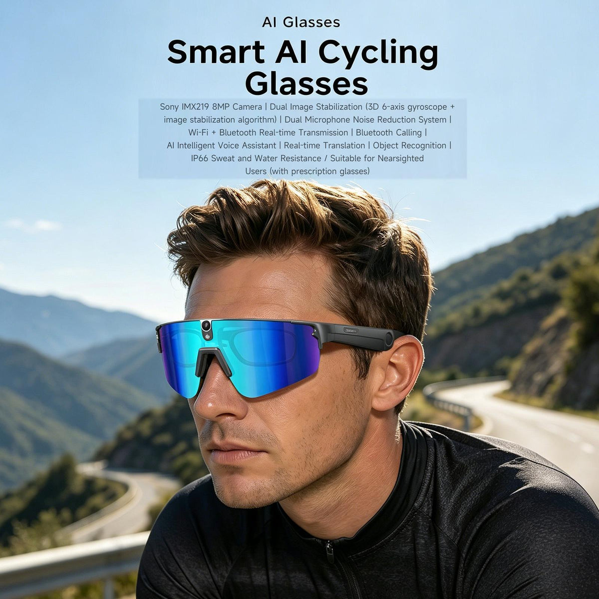 L805 8MP AI Cycling Glasses with Stabilization & Polarized Lenses — product design and included accessories