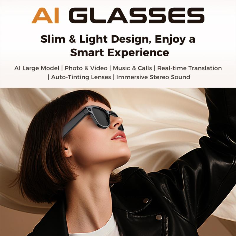 M02 Ultra 8MP Photochromic AI Smart Glasses with Charging Case — product design and included accessories