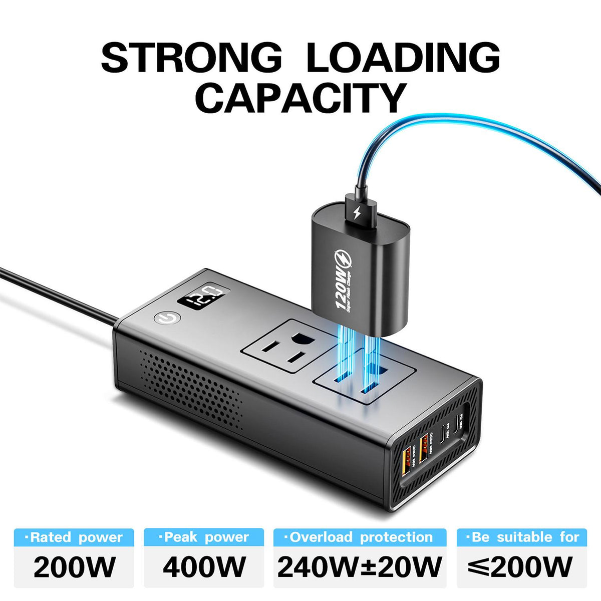 Compact 200W car inverter for road trips, mobile work and emergency charging