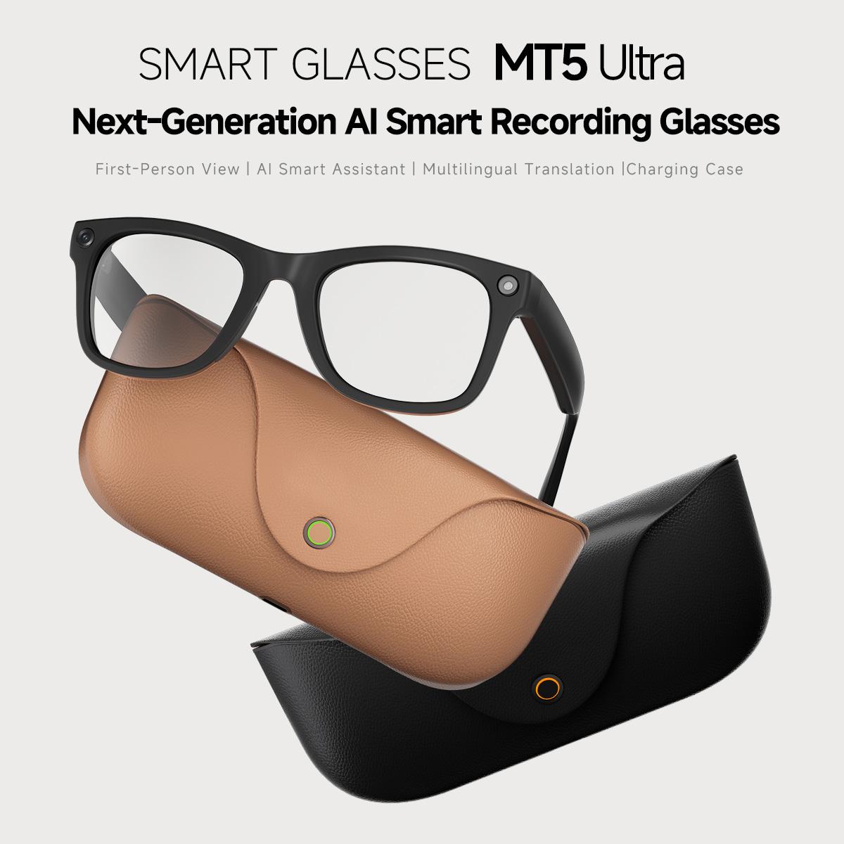 MT5 Ultra 8MP AI Smart Glasses with Charging Case & WiFi — product design and included accessories