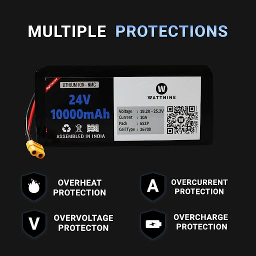 WATTNINE® 24V 10Ah Li-ion (NMC) Battery Pack with 3 Year Warranty