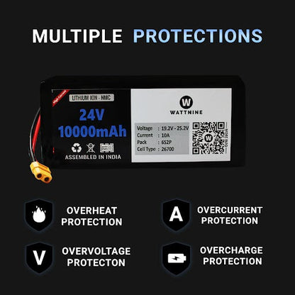 WATTNINE® 24V 10Ah Li-ion (NMC) Battery Pack with 3 Year Warranty