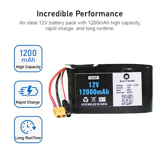 WATTNINE® 12.8V 12Ah Lithium Iron Phosphate (LiFePo4) Battery Pack with Warranty