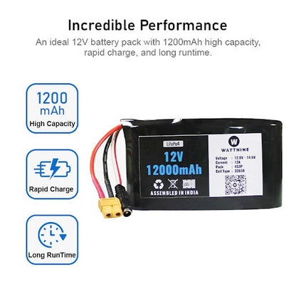 WATTNINE® 12.8V 12Ah Lithium Iron Phosphate (LiFePo4) Battery Pack with Warranty