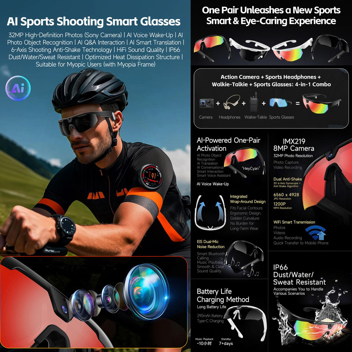 W640 8MP AI Cycling Smart Glasses with 6-Axis Stabilization — product design and included accessories