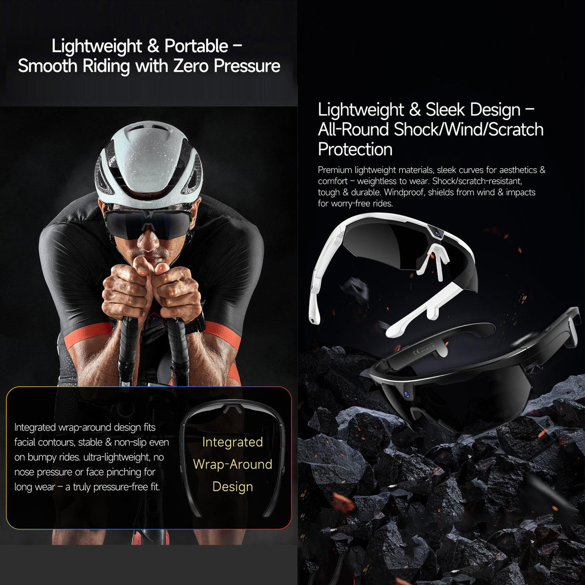 W640 8MP AI Cycling Smart Glasses with 6-Axis Stabilization — 8MP camera and hands-free capture