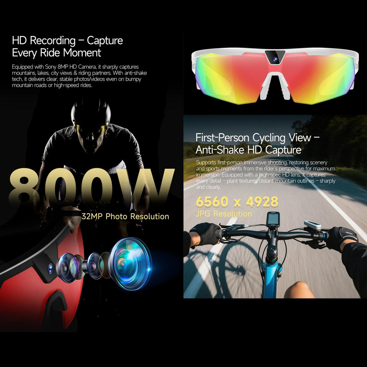 W640 8MP AI Cycling Smart Glasses with 6-Axis Stabilization — image stabilization for clearer active footage