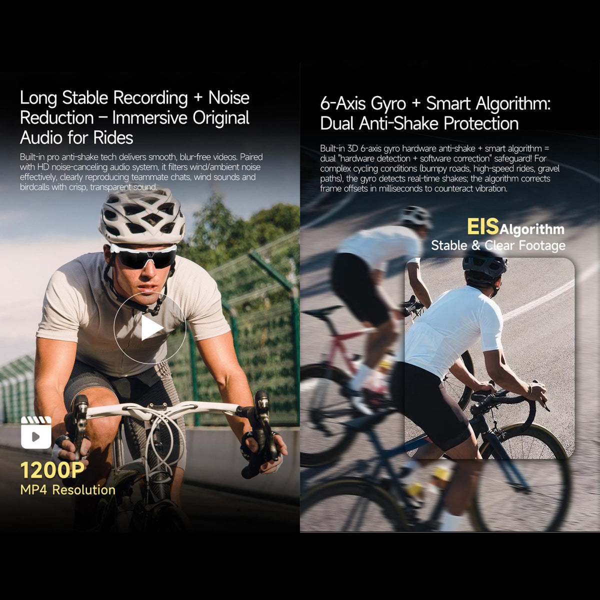 W640 8MP AI Cycling Smart Glasses with 6-Axis Stabilization — WiFi and Bluetooth connectivity